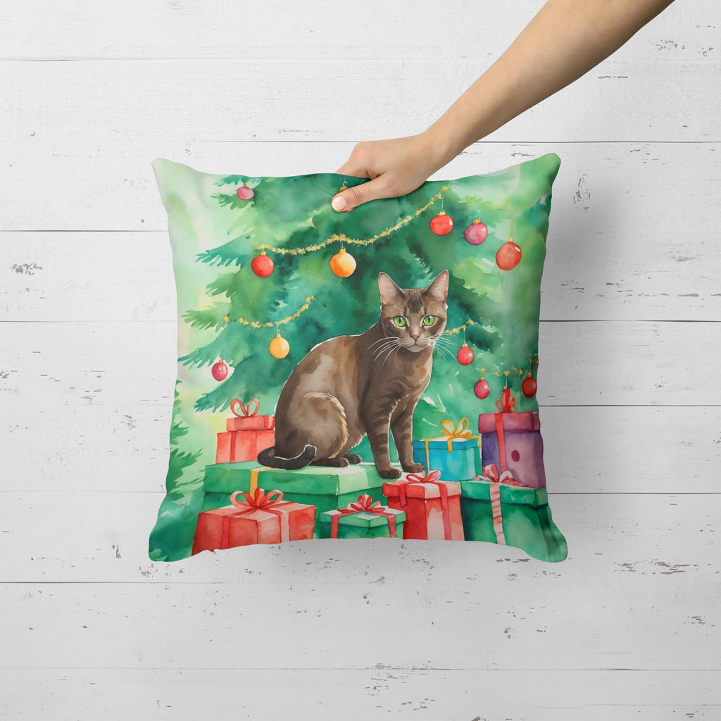 Havana Brown Cat By the Christmas Tree Decorative Throw Pillow 18x18 Indoor Outdoor Accent Cushion, Fabric Cover with Insert for Sofa, Bed, Porch & Living Room