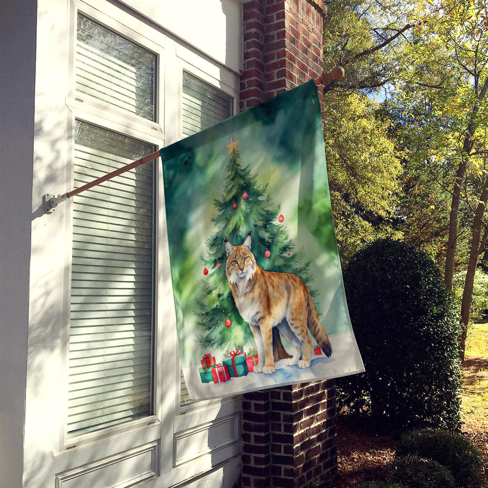 Highlander Lynx Cat By the Christmas Tree House Flag 28x40 Porch Sleeve Pole Decorative Outside Yard Banner Artwork Wall Hanging, Polyester