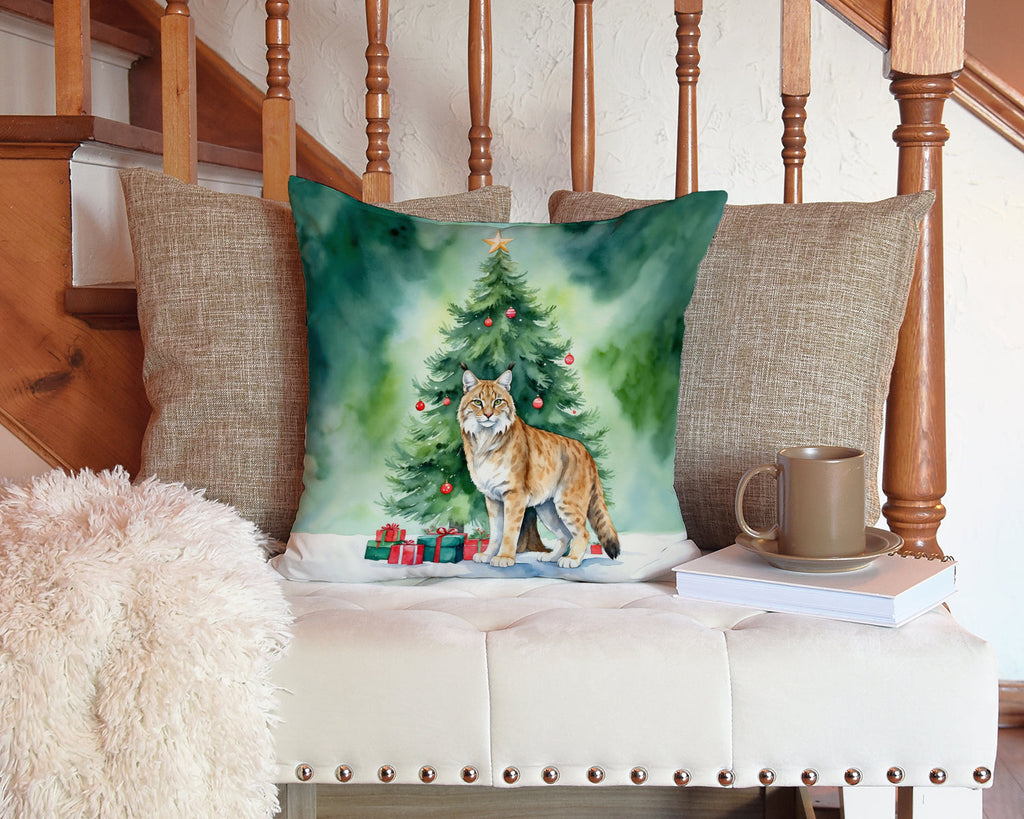 Highlander Lynx Cat By the Christmas Tree Decorative Throw Pillow 14x14 Indoor Outdoor Accent Cushion, Fabric Cover with Insert for Sofa, Bed, Porch & Living Room
