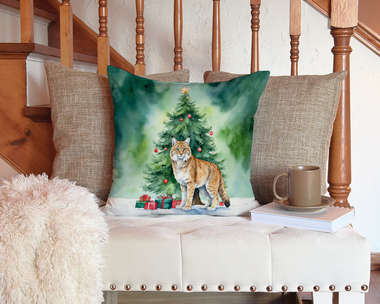 Highlander Lynx Cat By the Christmas Tree Decorative Throw Pillow 14x14 Indoor Outdoor Accent Cushion, Fabric Cover with Insert for Sofa, Bed, Porch & Living Room