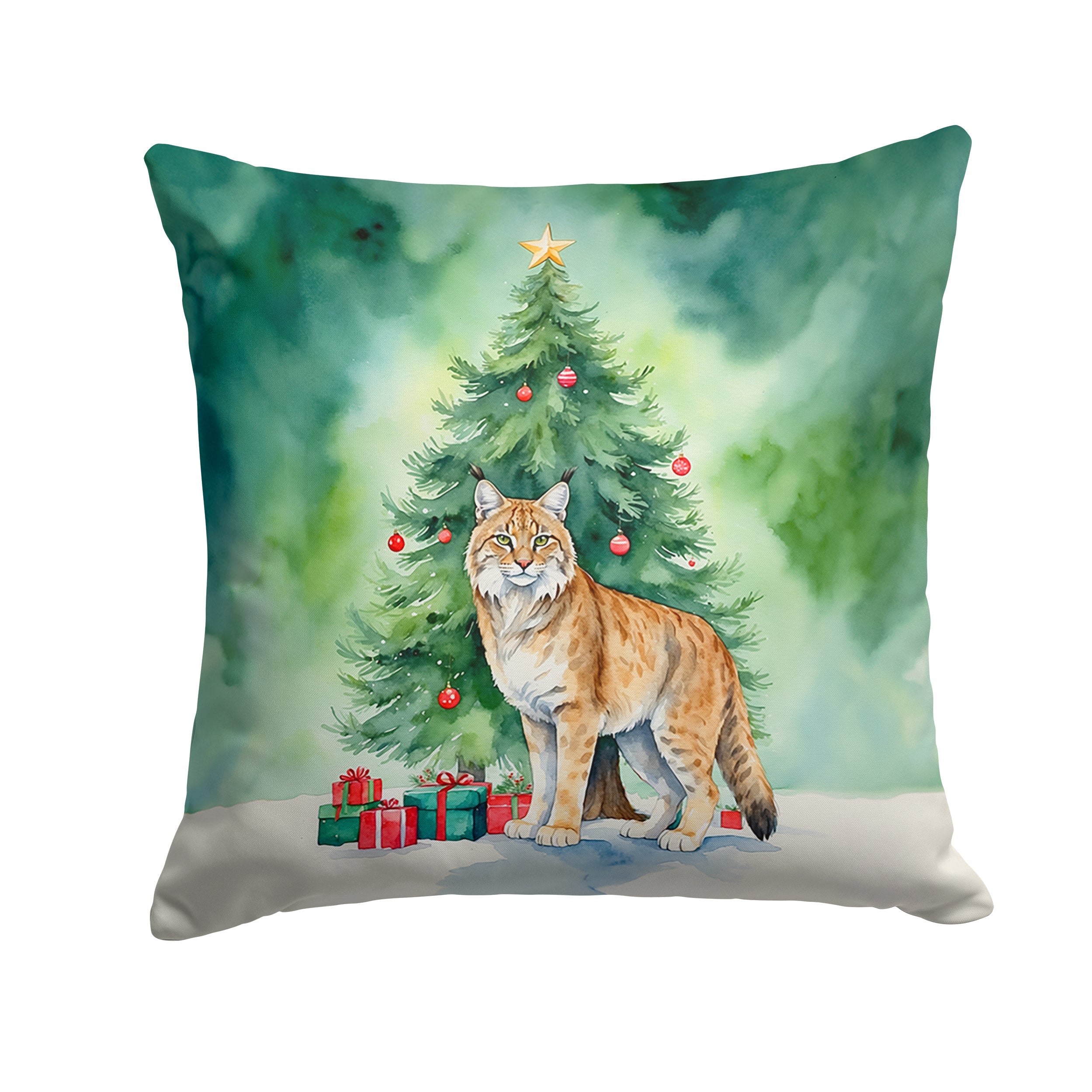 Highlander Lynx Cat By the Christmas Tree Decorative Throw Pillow 14x14 Indoor Outdoor Accent Cushion, Fabric Cover with Insert for Sofa, Bed, Porch & Living Room