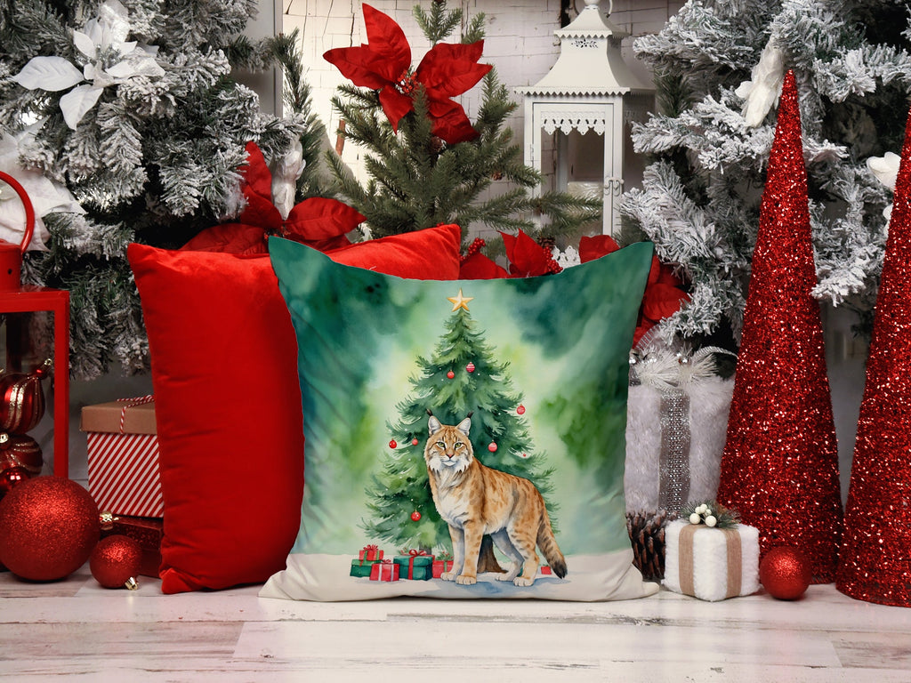 Highlander Lynx Cat By the Christmas Tree Decorative Throw Pillow 18x18 Indoor Outdoor Accent Cushion, Fabric Cover with Insert for Sofa, Bed, Porch & Living Room
