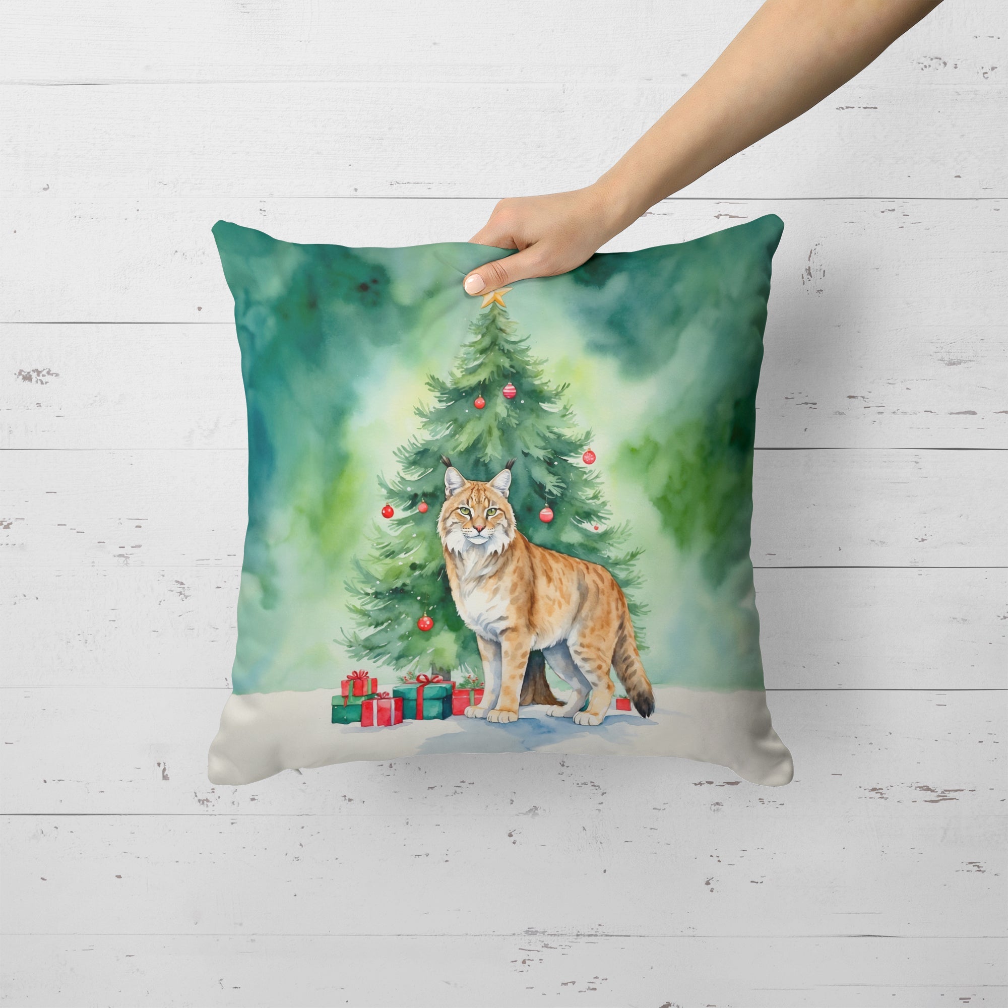 Highlander Lynx Cat By the Christmas Tree Decorative Throw Pillow 18x18 Indoor Outdoor Accent Cushion, Fabric Cover with Insert for Sofa, Bed, Porch & Living Room