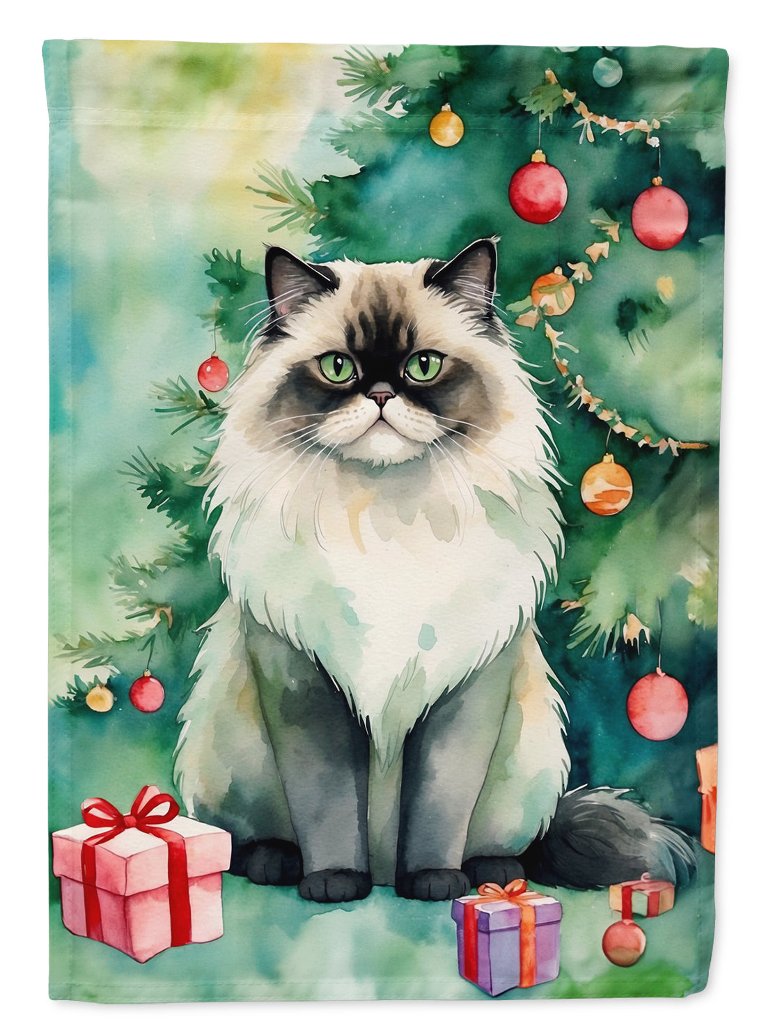 Himalayan Cat By the Christmas Tree House Flag 28x40 Porch Sleeve Pole Decorative Outside Yard Banner Artwork Wall Hanging, Polyester