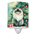 Himalayan Cat By the Christmas Tree Ceramic Night Light Compact, UL-Certified, Ideal for Bedroom, Bathroom, Nursery, Hallway, Kitchen, 6x4x3, Multicolor