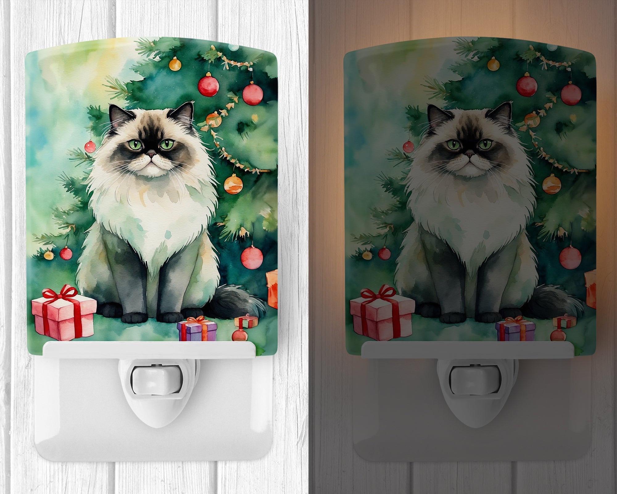 Himalayan Cat By the Christmas Tree Ceramic Night Light Compact, UL-Certified, Ideal for Bedroom, Bathroom, Nursery, Hallway, Kitchen, 6x4x3, Multicolor
