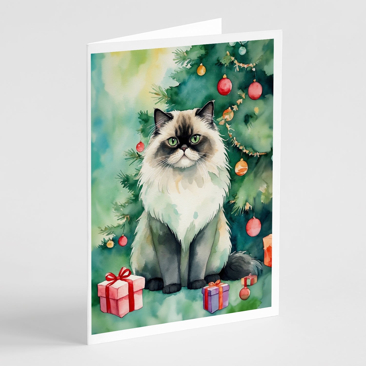 Himalayan Cat By the Christmas Tree Greeting Cards Pack of 8 Blank Cards with Envelopes Whimsical A7 Size 5x7