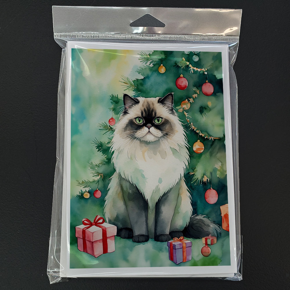 Himalayan Cat By the Christmas Tree Greeting Cards Pack of 8 Blank Cards with Envelopes Whimsical A7 Size 5x7