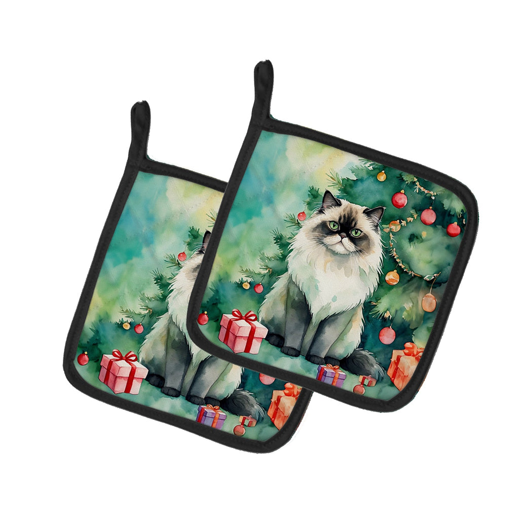 Himalayan Cat By the Christmas Tree Pot Holder Set of 2 Heat Resistant Quilted Hot Pads 7.5 x 7.5 Inch, Insulated Kitchen Trivets for Cooking & Baking