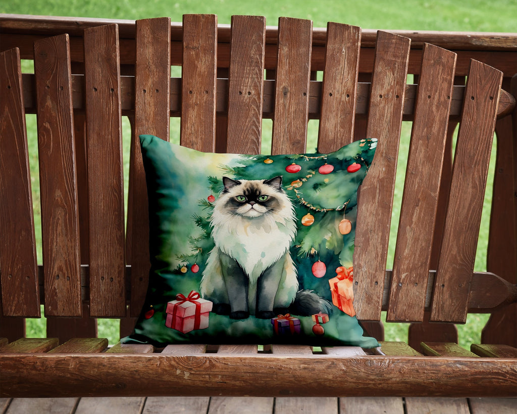 Himalayan Cat By the Christmas Tree Decorative Throw Pillow 14x14 Indoor Outdoor Accent Cushion, Fabric Cover with Insert for Sofa, Bed, Porch & Living Room