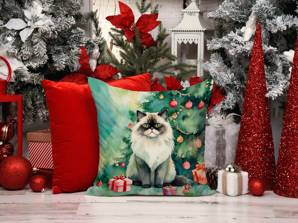 Himalayan Cat By the Christmas Tree Decorative Throw Pillow 18x18 Indoor Outdoor Accent Cushion, Fabric Cover with Insert for Sofa, Bed, Porch & Living Room