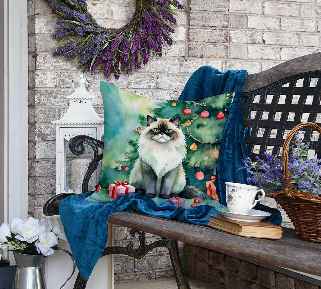 Himalayan Cat By the Christmas Tree Decorative Throw Pillow 18x18 Indoor Outdoor Accent Cushion, Fabric Cover with Insert for Sofa, Bed, Porch & Living Room