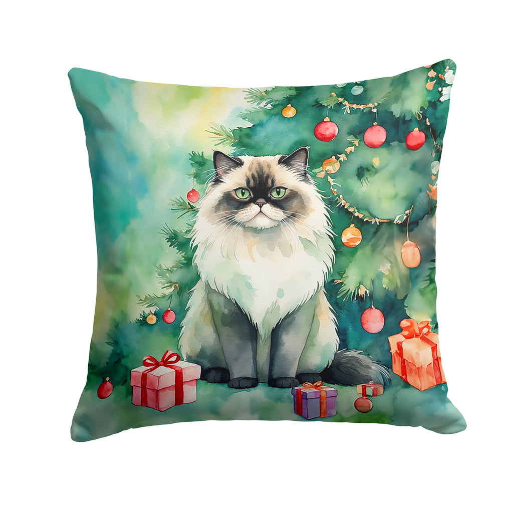 Himalayan Cat By the Christmas Tree Decorative Throw Pillow 18x18 Indoor Outdoor Accent Cushion, Fabric Cover with Insert for Sofa, Bed, Porch & Living Room