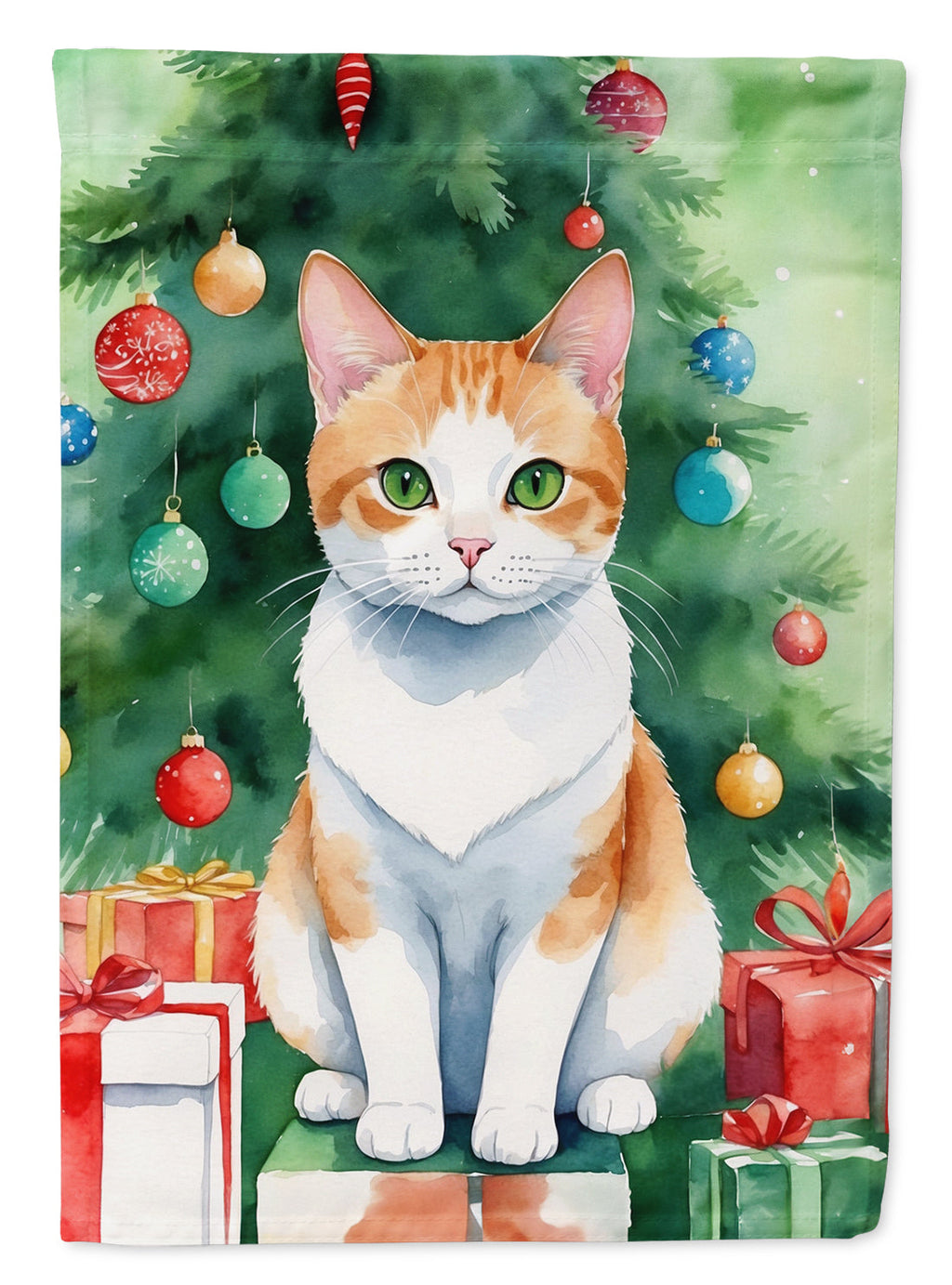 Japanese Bobtail Cat By the Christmas Tree House Flag 28x40 Porch Sleeve Pole Decorative Outside Yard Banner Artwork Wall Hanging, Polyester