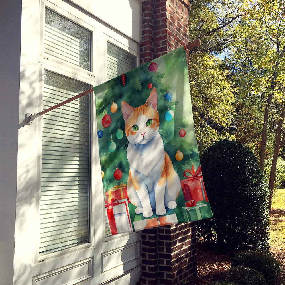 Japanese Bobtail Cat By the Christmas Tree House Flag 28x40 Porch Sleeve Pole Decorative Outside Yard Banner Artwork Wall Hanging, Polyester