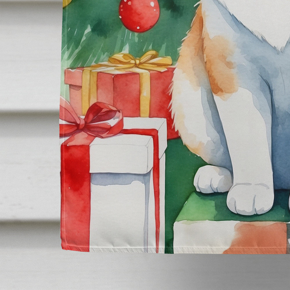 Japanese Bobtail Cat By the Christmas Tree House Flag 28x40 Porch Sleeve Pole Decorative Outside Yard Banner Artwork Wall Hanging, Polyester