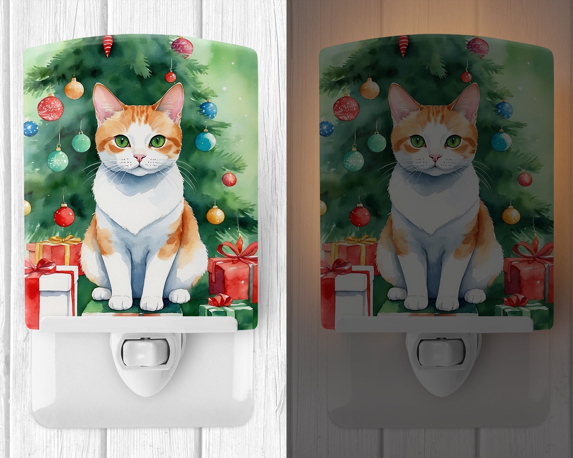 Japanese Bobtail Cat By the Christmas Tree Ceramic Night Light Compact, UL-Certified, Ideal for Bedroom, Bathroom, Nursery, Hallway, Kitchen, 6x4x3, Multicolor