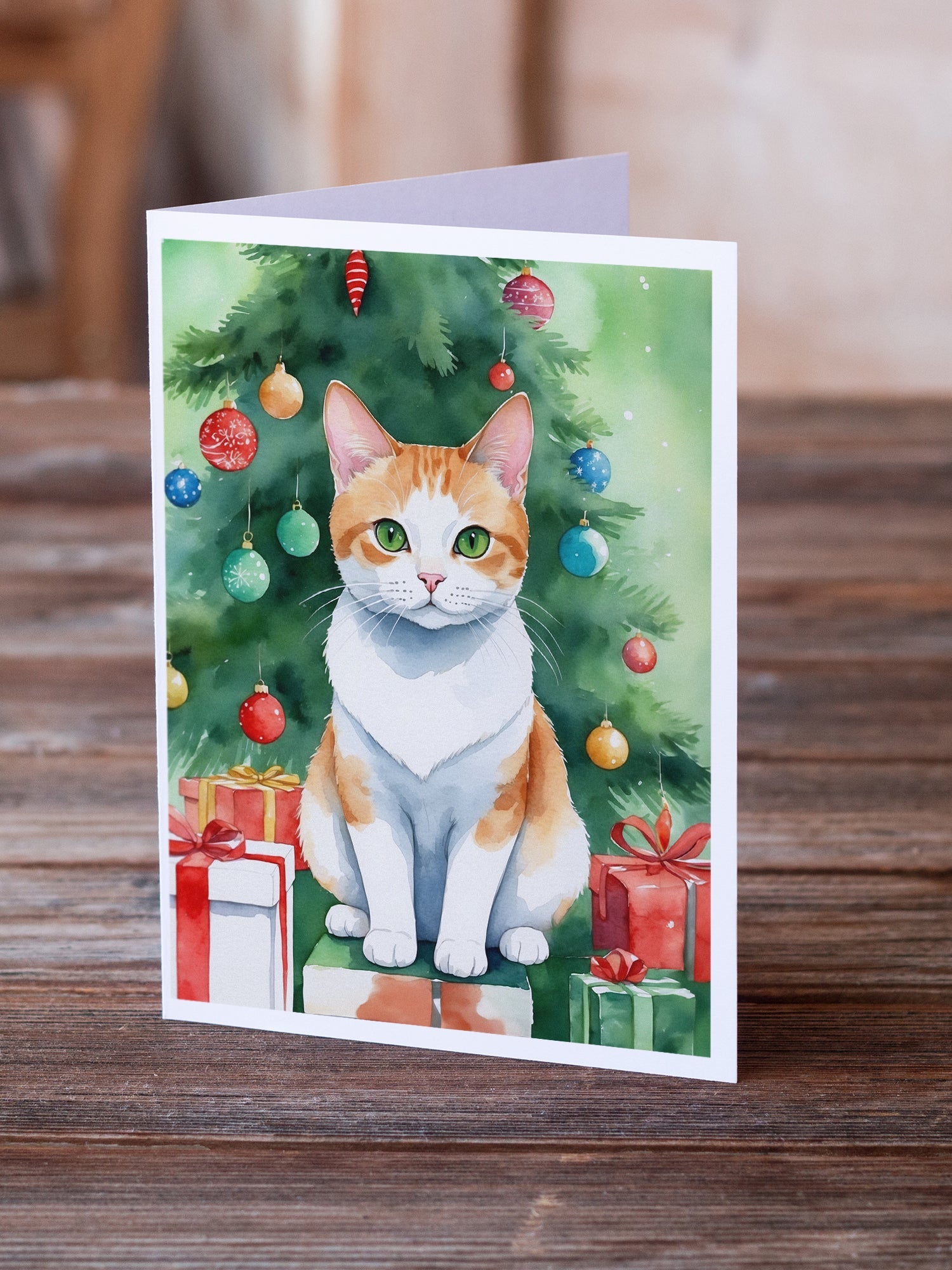 Japanese Bobtail Cat By the Christmas Tree Greeting Cards Pack of 8 Blank Cards with Envelopes Whimsical A7 Size 5x7