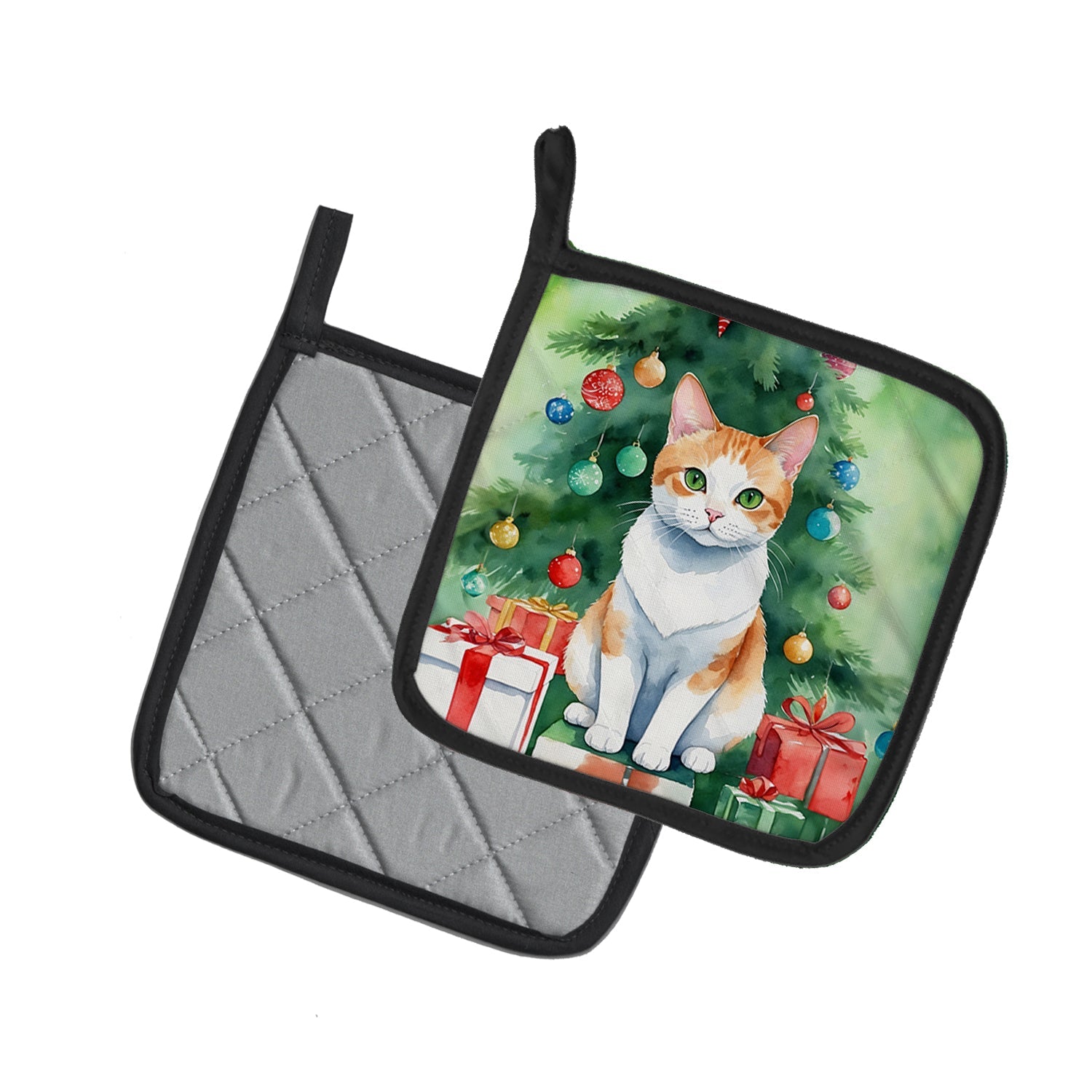 Japanese Bobtail Cat By the Christmas Tree Pot Holder Set of 2 Heat Resistant Quilted Hot Pads 7.5 x 7.5 Inch, Insulated Kitchen Trivets for Cooking & Baking