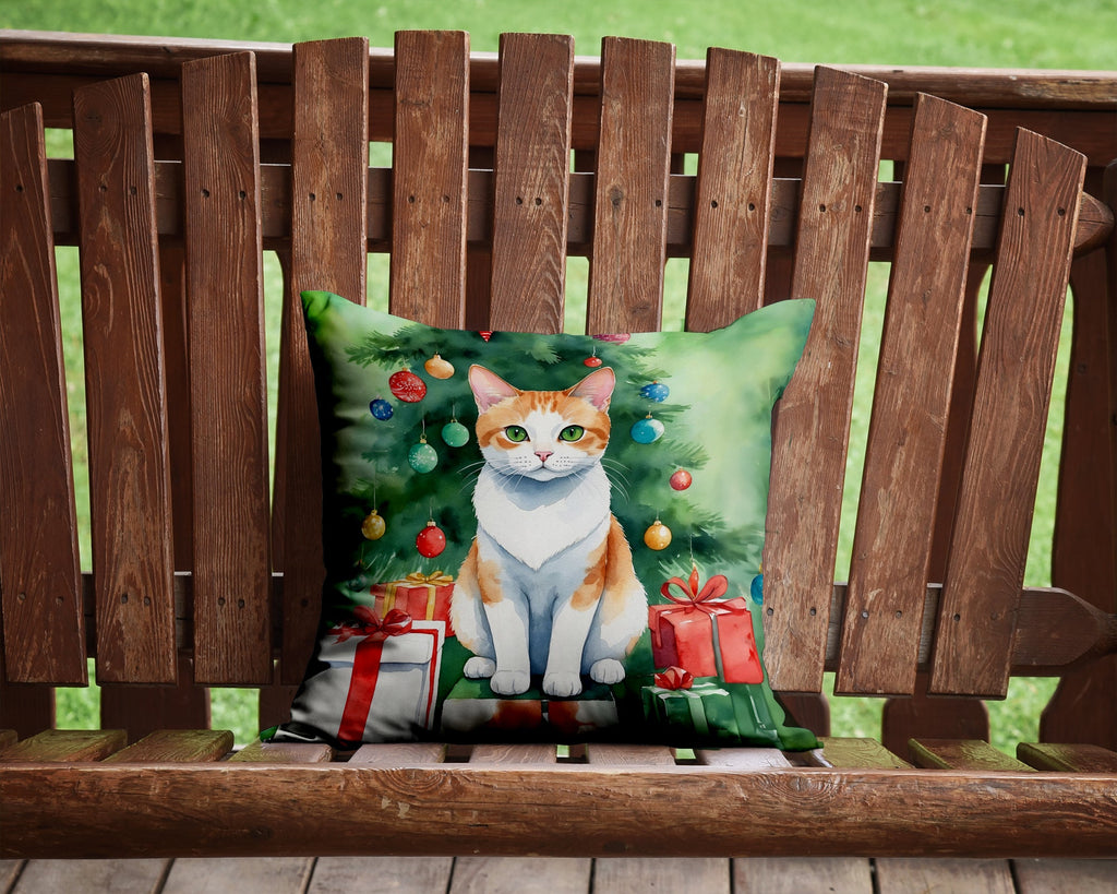 Japanese Bobtail Cat By the Christmas Tree Decorative Throw Pillow 14x14 Indoor Outdoor Accent Cushion, Fabric Cover with Insert for Sofa, Bed, Porch & Living Room