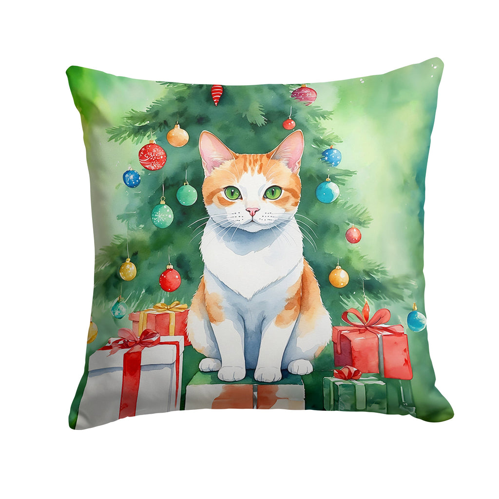 Japanese Bobtail Cat By the Christmas Tree Decorative Throw Pillow 18x18 Indoor Outdoor Accent Cushion, Fabric Cover with Insert for Sofa, Bed, Porch & Living Room