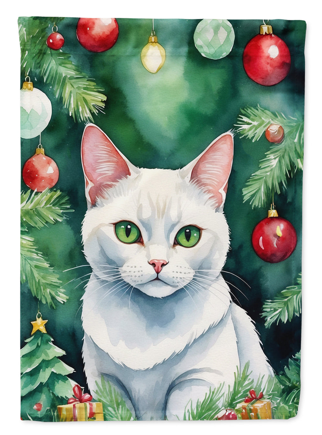 Khao Manee Cat By the Christmas Tree House Flag 28x40 Porch Sleeve Pole Decorative Outside Yard Banner Artwork Wall Hanging, Polyester