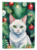 Khao Manee Cat By the Christmas Tree House Flag 28x40 Porch Sleeve Pole Decorative Outside Yard Banner Artwork Wall Hanging, Polyester