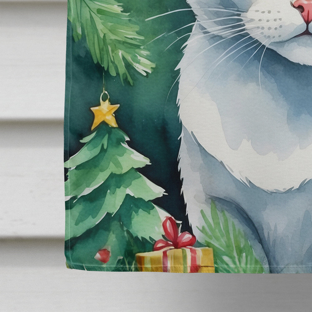 Khao Manee Cat By the Christmas Tree House Flag 28x40 Porch Sleeve Pole Decorative Outside Yard Banner Artwork Wall Hanging, Polyester