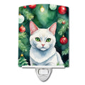 Khao Manee Cat By the Christmas Tree Ceramic Night Light Compact, UL-Certified, Ideal for Bedroom, Bathroom, Nursery, Hallway, Kitchen, 6x4x3, Multicolor