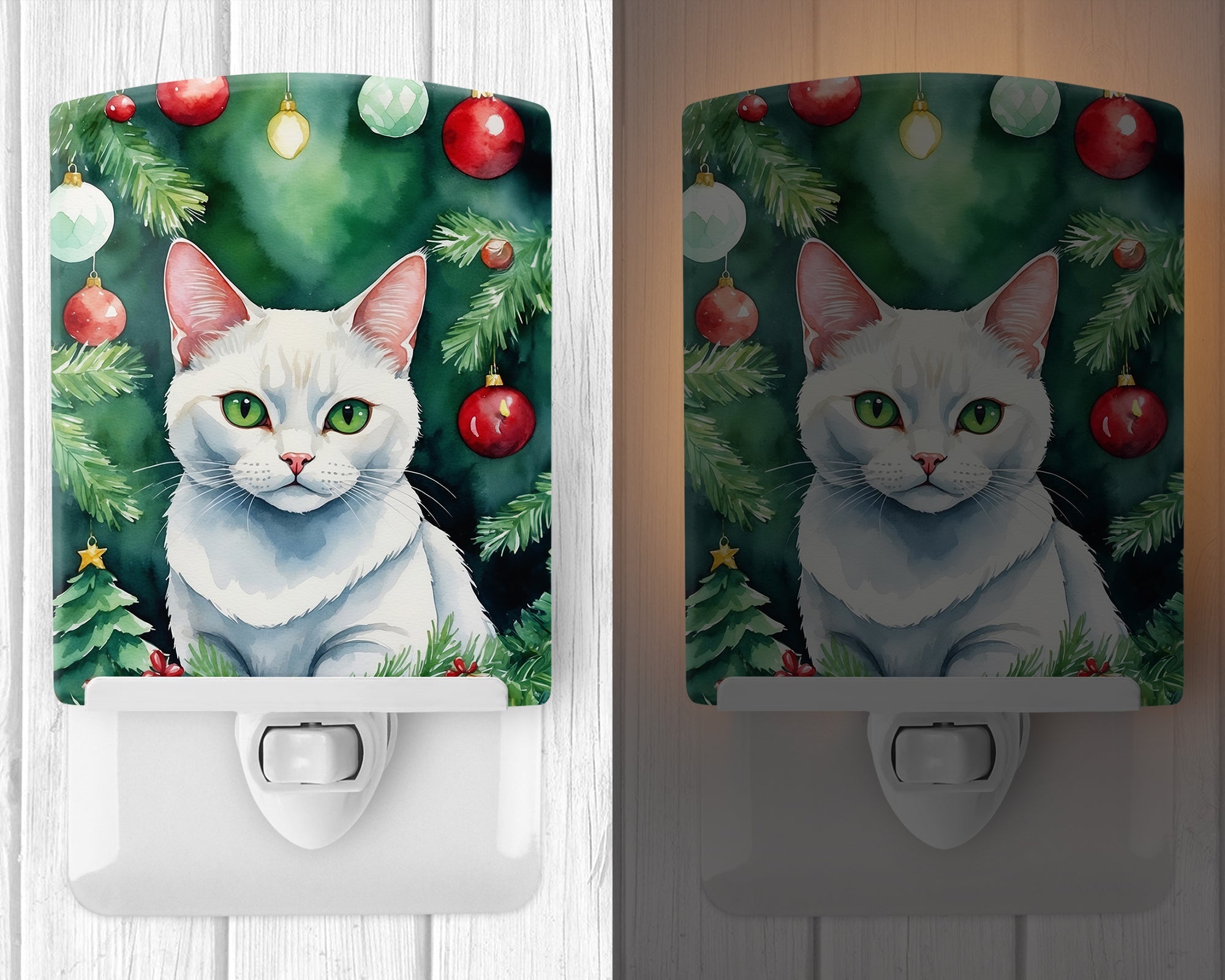 Khao Manee Cat By the Christmas Tree Ceramic Night Light Compact, UL-Certified, Ideal for Bedroom, Bathroom, Nursery, Hallway, Kitchen, 6x4x3, Multicolor