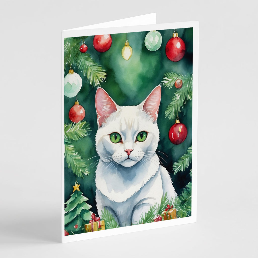 Khao Manee Cat By the Christmas Tree Greeting Cards Pack of 8 Blank Cards with Envelopes Whimsical A7 Size 5x7