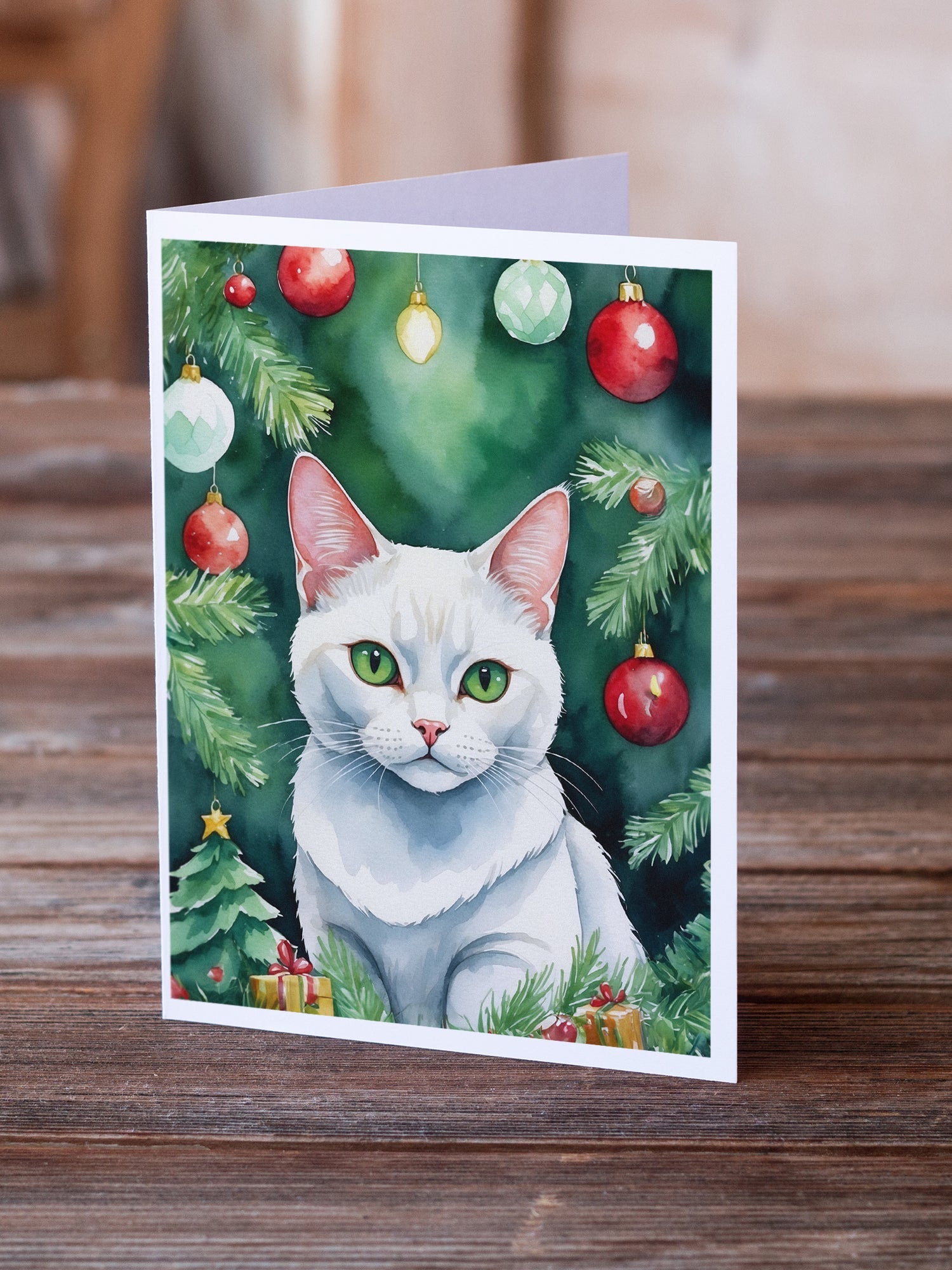 Khao Manee Cat By the Christmas Tree Greeting Cards Pack of 8 Blank Cards with Envelopes Whimsical A7 Size 5x7