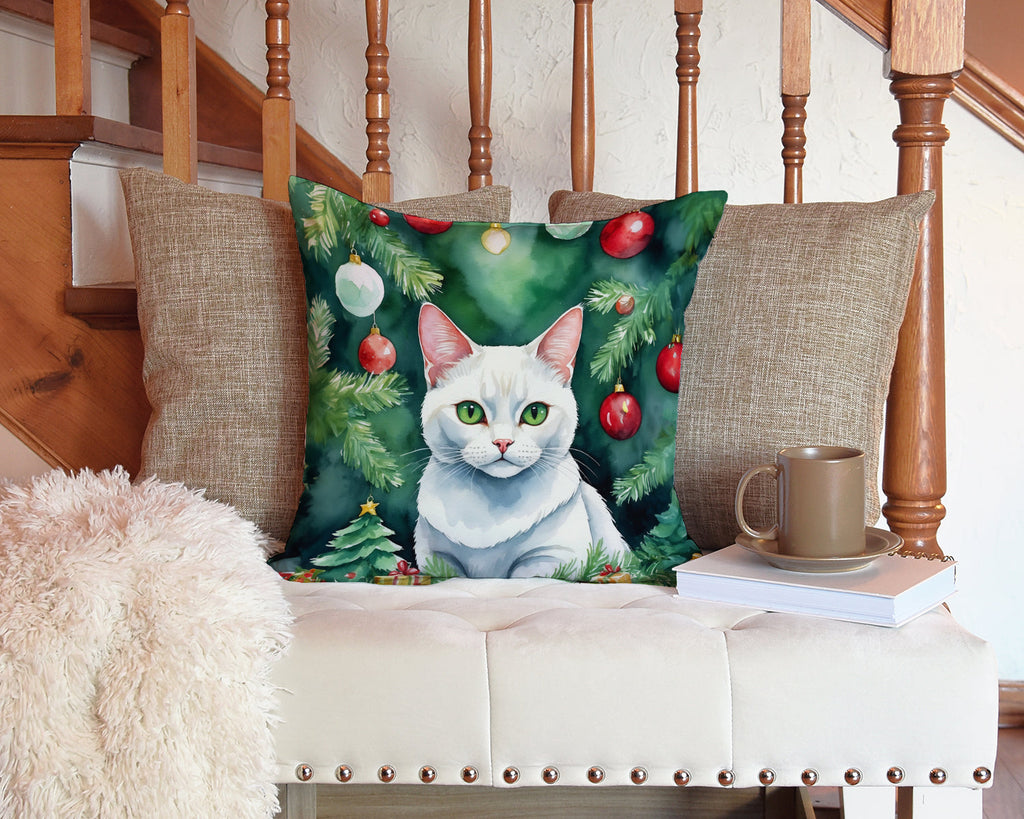 Khao Manee Cat By the Christmas Tree Decorative Throw Pillow 14x14 Indoor Outdoor Accent Cushion, Fabric Cover with Insert for Sofa, Bed, Porch & Living Room