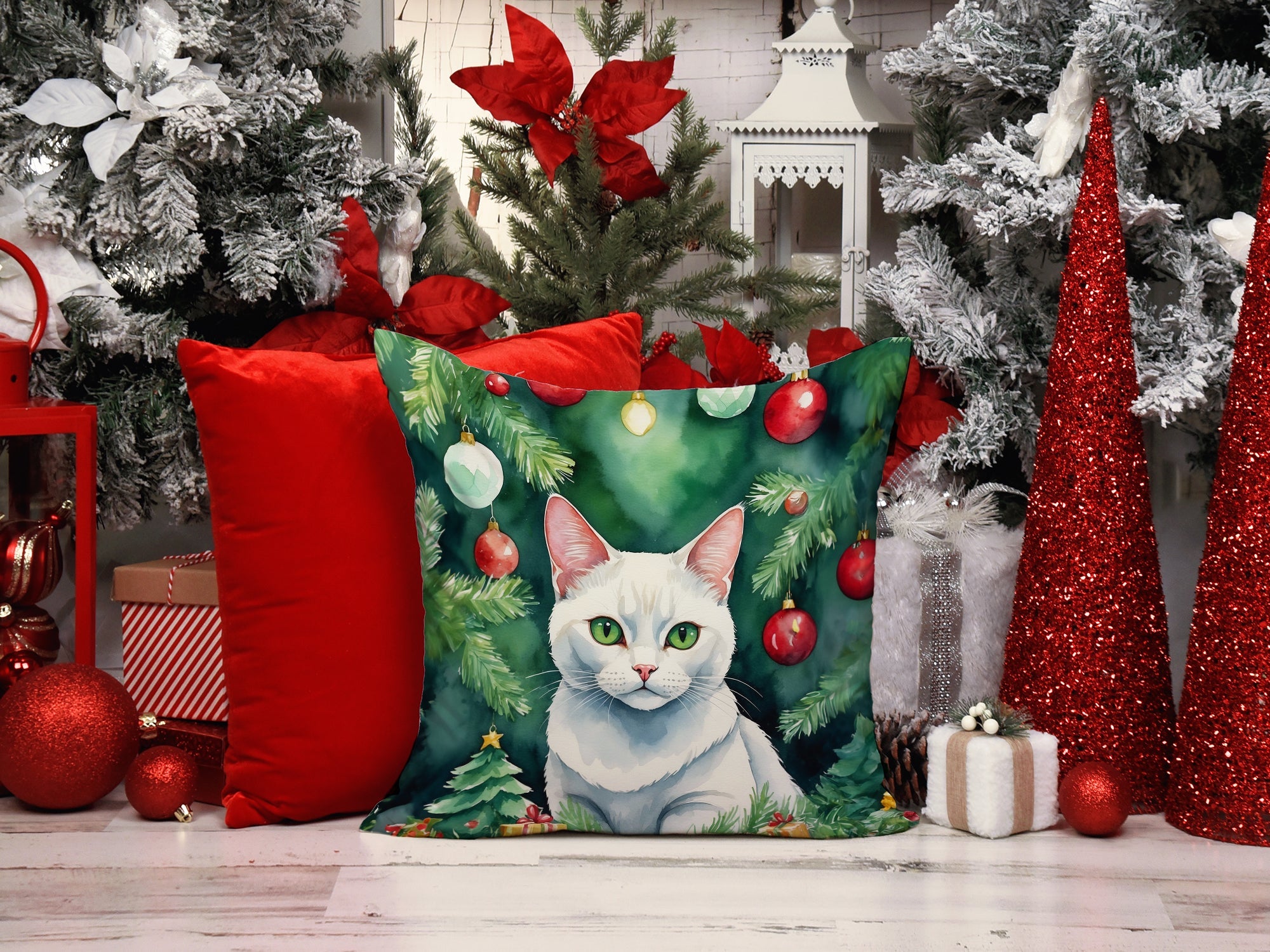 Khao Manee Cat By the Christmas Tree Decorative Throw Pillow 18x18 Indoor Outdoor Accent Cushion, Fabric Cover with Insert for Sofa, Bed, Porch & Living Room