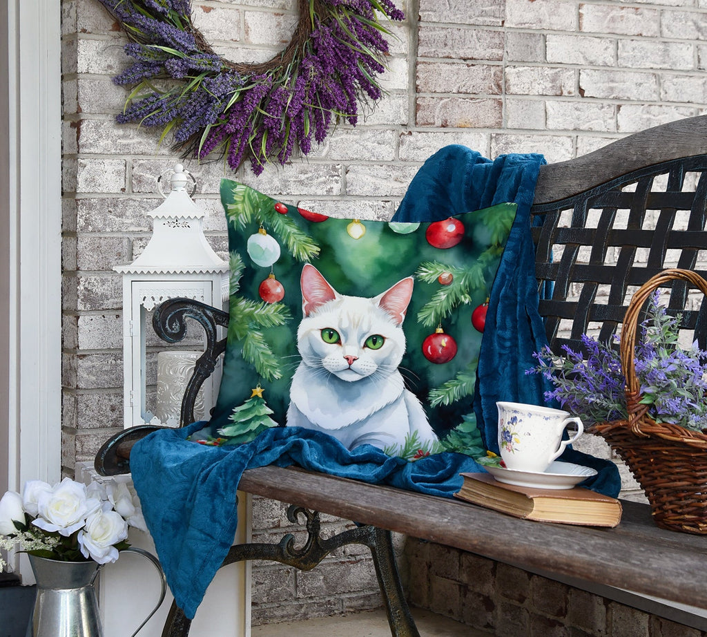Khao Manee Cat By the Christmas Tree Decorative Throw Pillow 18x18 Indoor Outdoor Accent Cushion, Fabric Cover with Insert for Sofa, Bed, Porch & Living Room