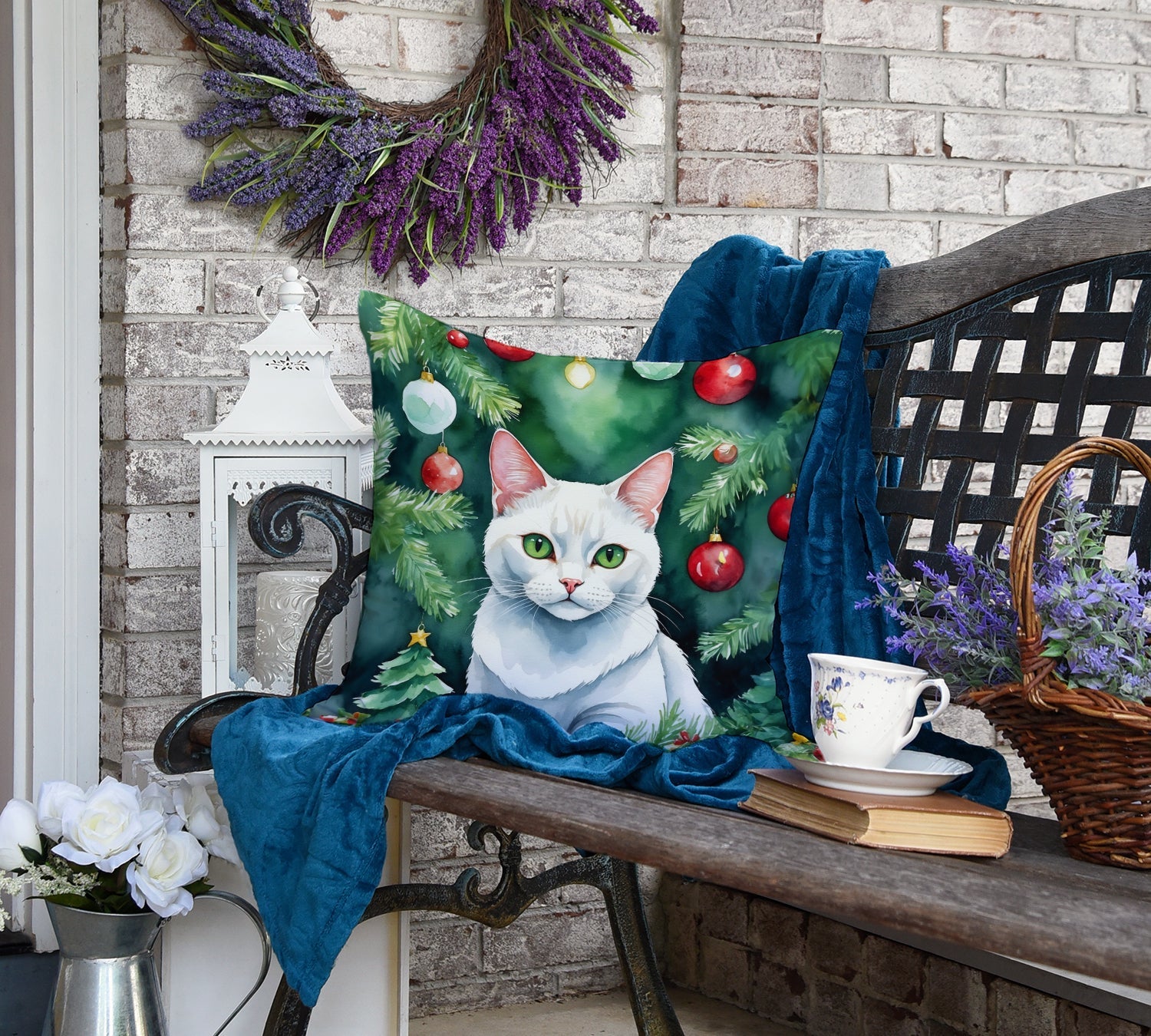 Khao Manee Cat By the Christmas Tree Decorative Throw Pillow 18x18 Indoor Outdoor Accent Cushion, Fabric Cover with Insert for Sofa, Bed, Porch & Living Room