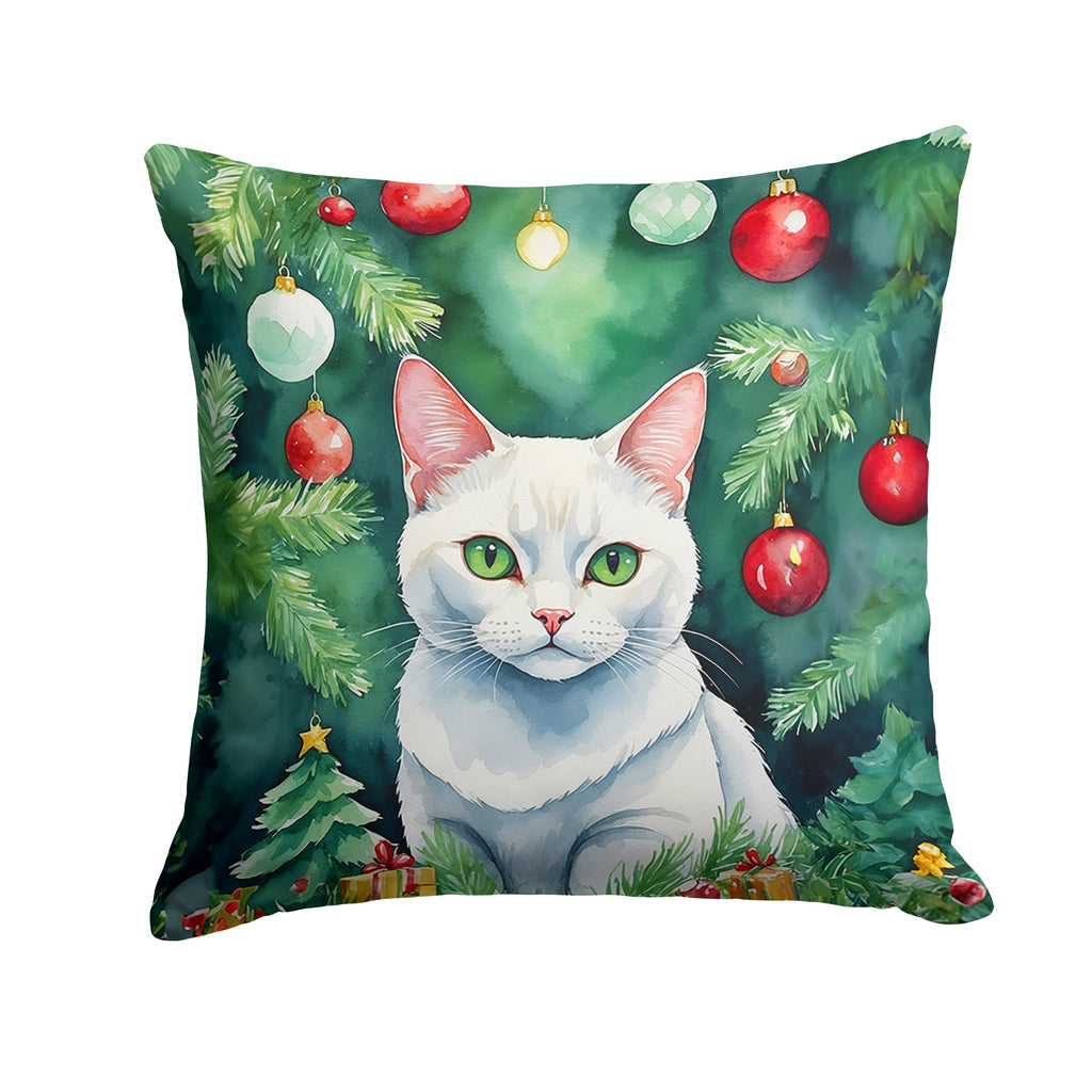 Khao Manee Cat By the Christmas Tree Decorative Throw Pillow 18x18 Indoor Outdoor Accent Cushion, Fabric Cover with Insert for Sofa, Bed, Porch & Living Room