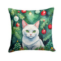 Khao Manee Cat By the Christmas Tree Decorative Throw Pillow 18x18 Indoor Outdoor Accent Cushion, Fabric Cover with Insert for Sofa, Bed, Porch & Living Room
