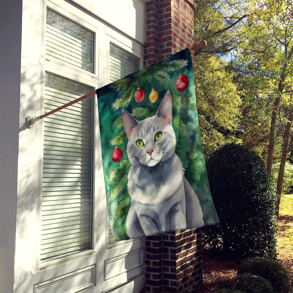 Korat Cat By the Christmas Tree House Flag 28x40 Porch Sleeve Pole Decorative Outside Yard Banner Artwork Wall Hanging, Polyester