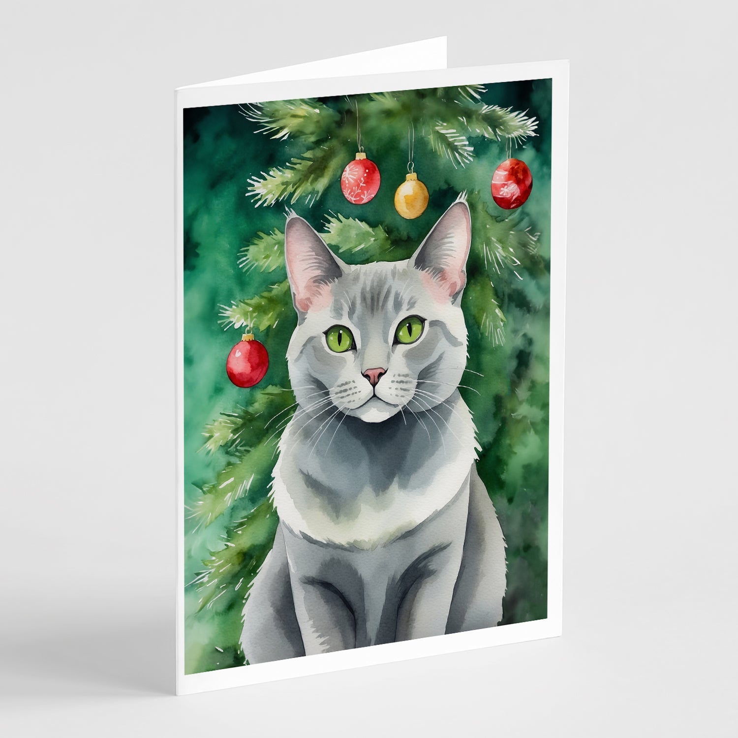 Korat Cat By the Christmas Tree Greeting Cards Pack of 8 Blank Cards with Envelopes Whimsical A7 Size 5x7