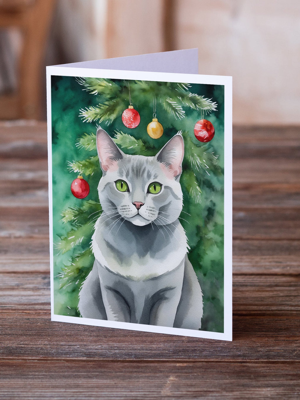 Korat Cat By the Christmas Tree Greeting Cards Pack of 8 Blank Cards with Envelopes Whimsical A7 Size 5x7