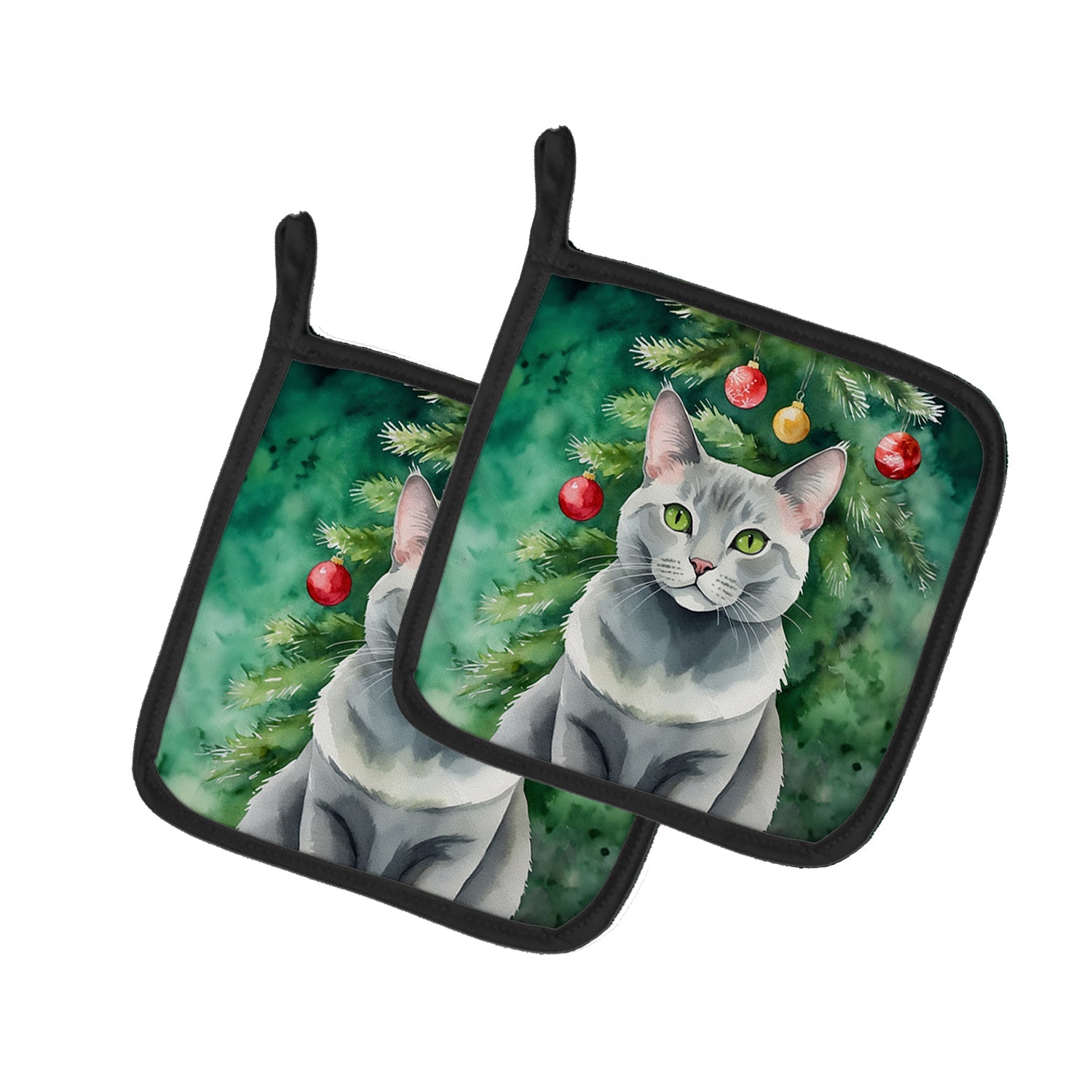 Korat Cat By the Christmas Tree Pot Holder Set of 2 Heat Resistant Quilted Hot Pads 7.5 x 7.5 Inch, Insulated Kitchen Trivets for Cooking & Baking