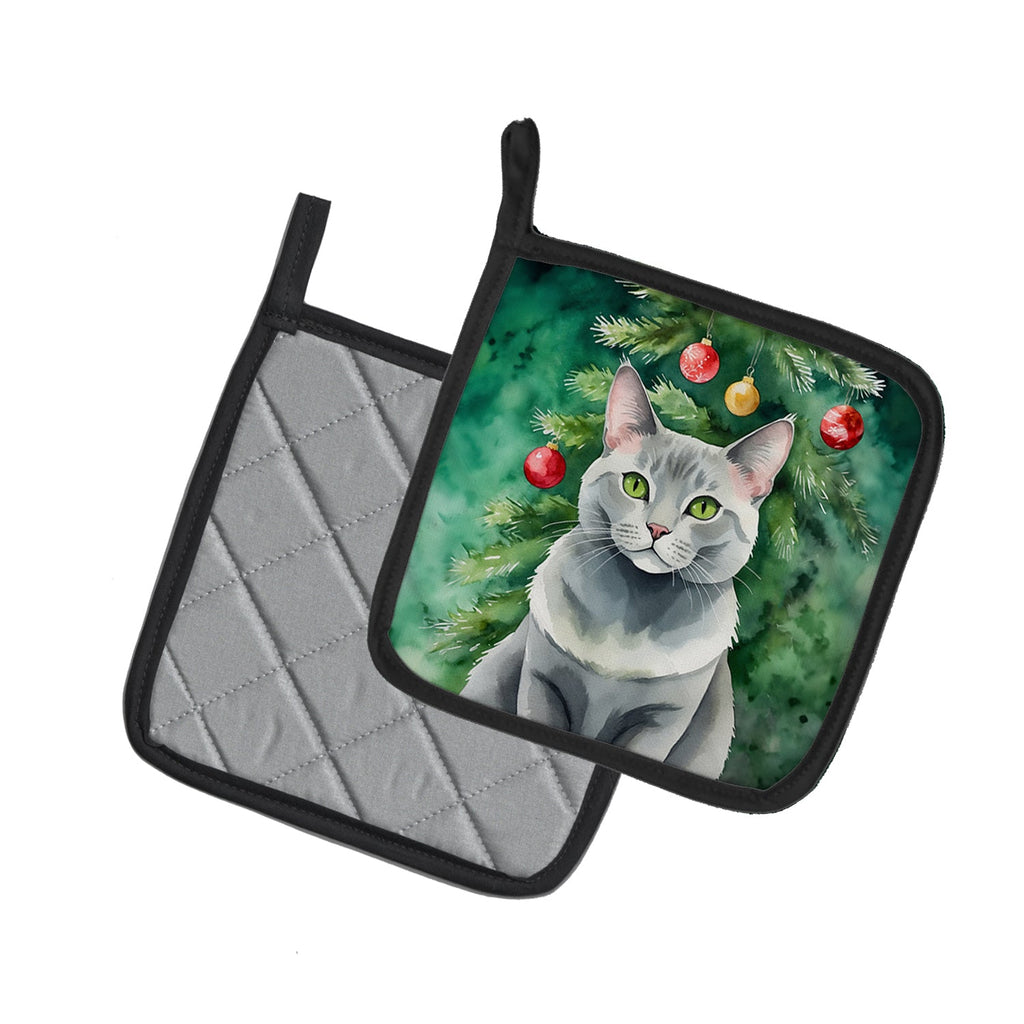 Korat Cat By the Christmas Tree Pot Holder Set of 2 Heat Resistant Quilted Hot Pads 7.5 x 7.5 Inch, Insulated Kitchen Trivets for Cooking & Baking