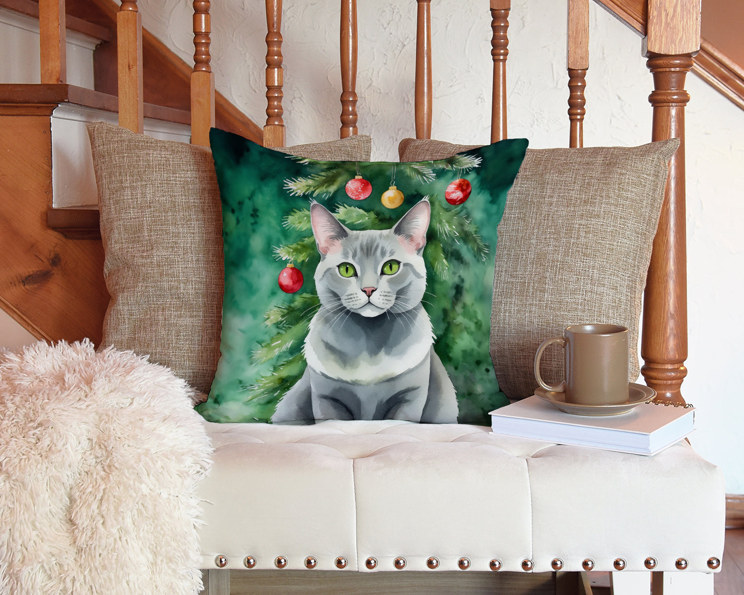 Korat Cat By the Christmas Tree Decorative Throw Pillow 14x14 Indoor Outdoor Accent Cushion, Fabric Cover with Insert for Sofa, Bed, Porch & Living Room