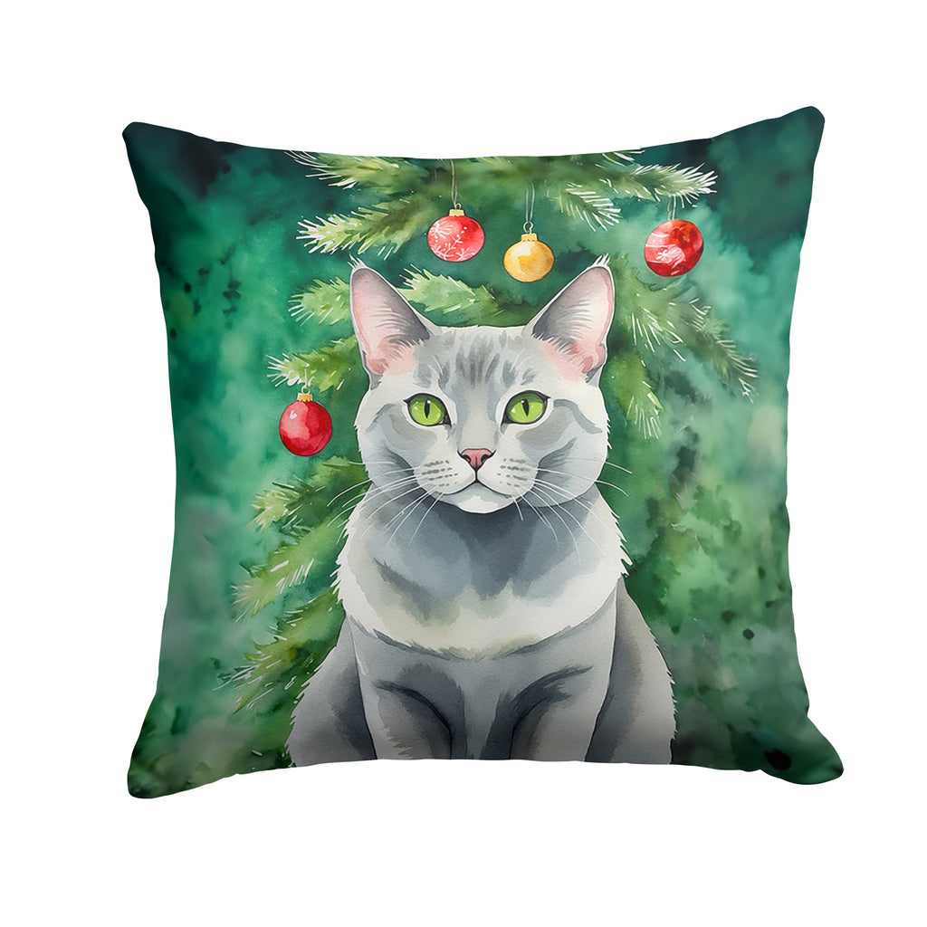 Korat Cat By the Christmas Tree Decorative Throw Pillow 14x14 Indoor Outdoor Accent Cushion, Fabric Cover with Insert for Sofa, Bed, Porch & Living Room