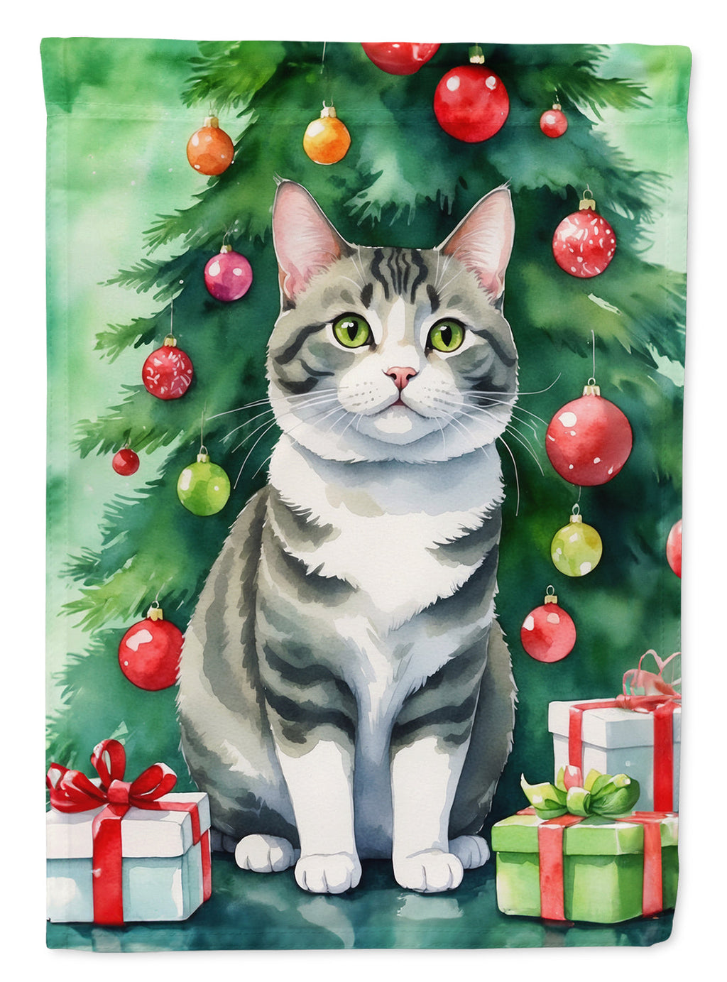 Korean Bobtail Cat By the Christmas Tree House Flag 28x40 Porch Sleeve Pole Decorative Outside Yard Banner Artwork Wall Hanging, Polyester