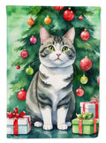 Korean Bobtail Cat By the Christmas Tree House Flag 28x40 Porch Sleeve Pole Decorative Outside Yard Banner Artwork Wall Hanging, Polyester