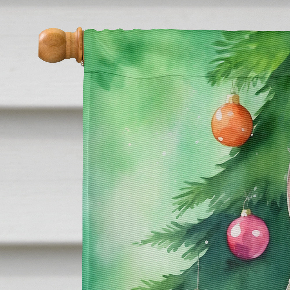 Korean Bobtail Cat By the Christmas Tree House Flag 28x40 Porch Sleeve Pole Decorative Outside Yard Banner Artwork Wall Hanging, Polyester
