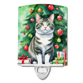 Korean Bobtail Cat By the Christmas Tree Ceramic Night Light Compact, UL-Certified, Ideal for Bedroom, Bathroom, Nursery, Hallway, Kitchen, 6x4x3, Multicolor