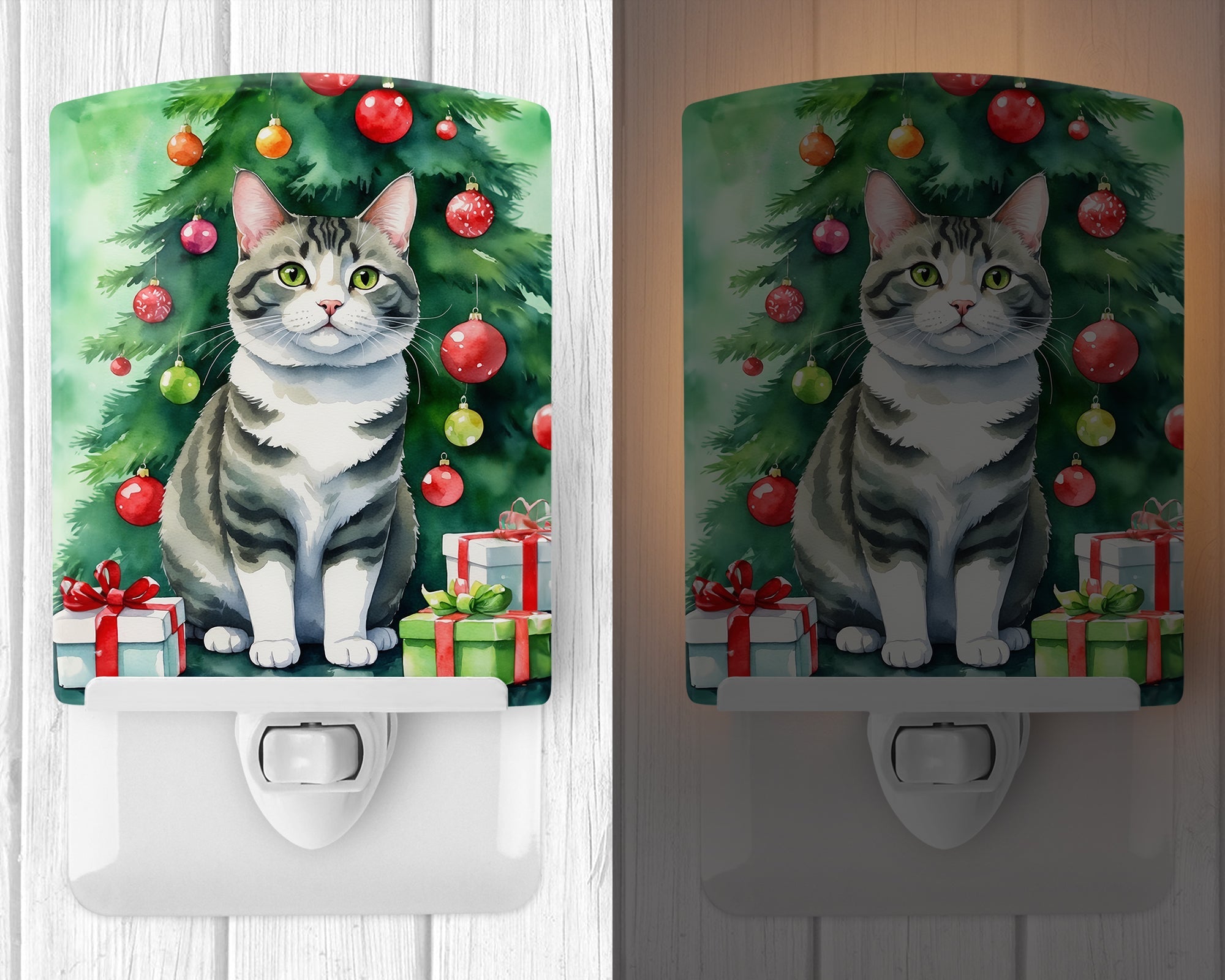 Korean Bobtail Cat By the Christmas Tree Ceramic Night Light Compact, UL-Certified, Ideal for Bedroom, Bathroom, Nursery, Hallway, Kitchen, 6x4x3, Multicolor